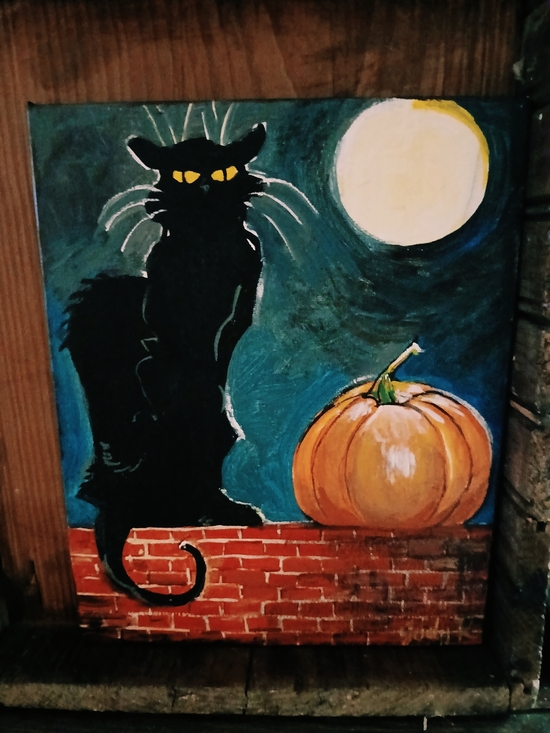 judysart Other - Black Cat Moon and Pumpkin Canvas Wall Art by Me